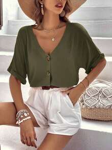 Camisa suelta de verano para mujer con botones, mangas cortas de murciélago y cuello en V de unicolor - Verde militar - Ver 3