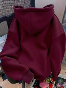 Women's Drawstring Hoodie With LOVE Heart Print - Burgundy - View 5