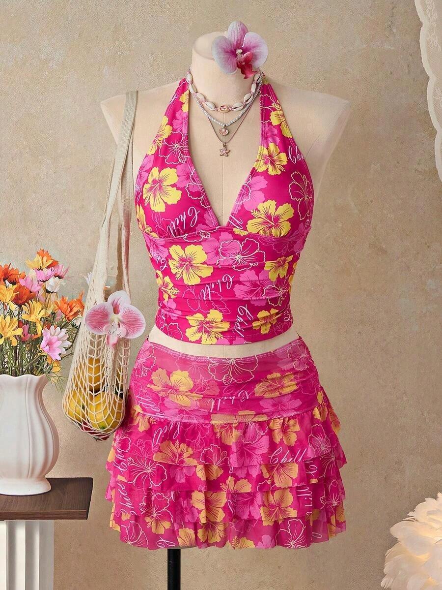 Women's Sexy Polka Dot Print Tie-Neck Tankini Swimsuit With Open Back, Suitable For The Beach And Vacation - Rosa - 查看 1