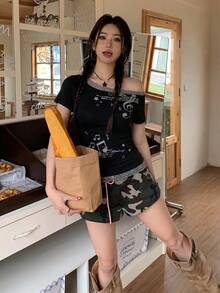 时尚二合一撞色不对称肩部独特印花短袖T恤，性感可爱修身夏季上衣，黑色 - 黑色 - 查看 7