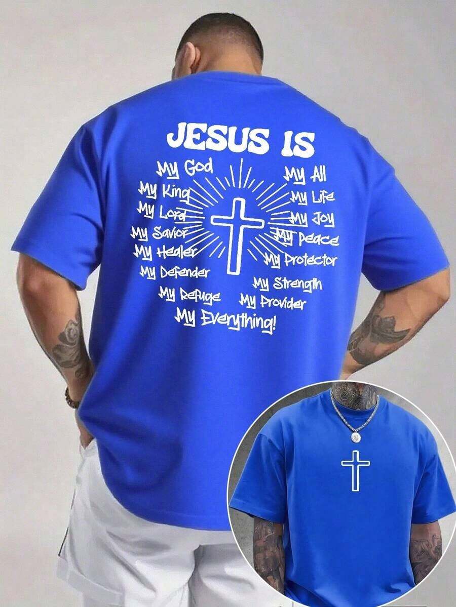 Men's Classic Graphic T-Shirt, Jesus Cross, Faith, Everyday Wear, 100% Cotton, Unisex, Gift Idea For Him Or Her, Religious Clothing, Spiritual Clothing, Christian T-Shirt, Comfortable Design, Casual Style, Summer T-Shirt - 藍色 - 查看 1