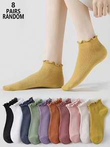 8 Pairs Women's Random Solid Color Cute Ruffle Hem Simple Fashion Short Socks - Multicolor - View 10