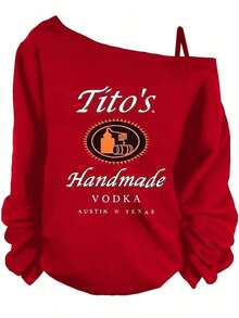 [Popular European And American Fashion Long-Sleeve Sweatshirt Items]Women's Single-Shoulder Sweatshirt Long Sleeve -Tito's Handmade Vodka Austin ★ Texas Off - The - Shoulder Sweatshirt, Black With White & Orange Text Logo, Stylish Casual Pullover For Outfits - Hoodies For Women,Valentine Outfits For Women,Vacation Outfits Women,Valentine's DayWomen's Summer Sun Protection, Valentine's Day, Dating, Shopping, Independence Day, Mother's Day - Đỏ - Xem 7