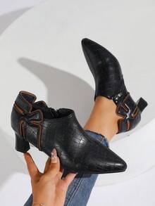 Women's Crocodile Embossed Ankle Boots, Wave Cut Pointed Toe Booties, Fashion High Heel Dress Shoes With Contrast Trim - 黑色 - 查看 2