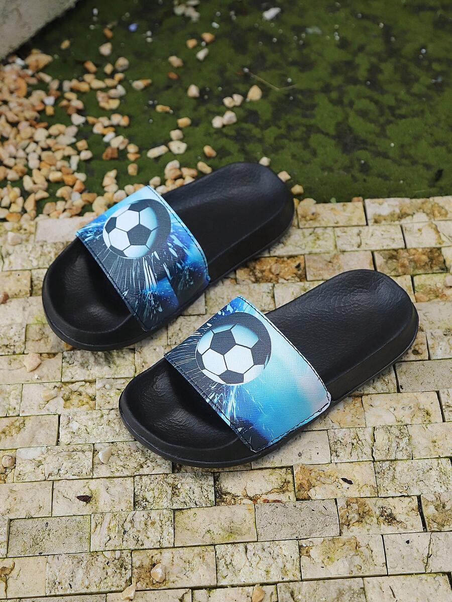 New Kids Football Slippers, Comfortable Soft Bottom Lightweight Slip-On EVA Casual Flat Sandals For Daily Home Wear - Blue - View 1