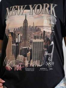 Conjuntos de mujer 2026 Camiseta gráfica negra con estampado del skyline de Nueva York, top casual de estilo urbano, transpirable, que absorbe el sudor y suave, adecuada para los desplazamientos diarios, para descansar en casa y para uso casual. Conjuntos de Ropa Estilo Urbano para Fiesta de Año Nuevo 2026 - Camisetas de Algodón Antiarrugas, Camisetas geniales para mujer - Negro - Ver 2