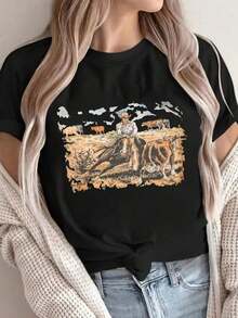 ropa de mujer Camiseta de manga corta con estampado de vaquero del oeste para mujer, suave y holgada, cuello redondo (2) camisas de mujer - Negro - Ver 1