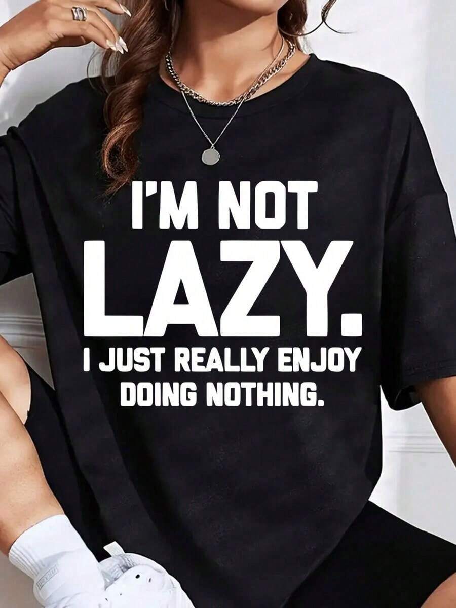 No soy perezosa, simplemente disfruto mucho de no hacer nada. Camiseta gráfica para mujer, estilo casual, de talla, divertida y llamativa, cómoda para el uso diario. una camiseta perfecta para regalar a amigos y familiares en cualquier día festivo u ocasión especial. -Camiseta unisex de algodón, estilo vintage urbano, holgada, de manga corta y cuello redondo. - Negro - Ver 1