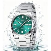 BIDEN Reloj de cuarzo de lujo para hombres, correa de acero inoxidable, resistente al agua, luminoso, calendario, indicador de semana, incluye caja de regalo - Verde - Ver 7