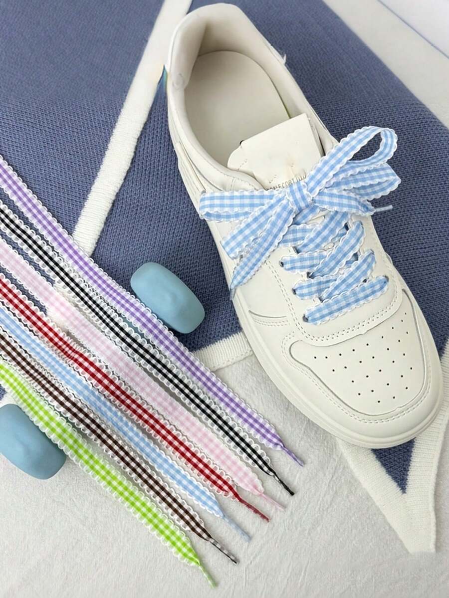 1 Pair Classic Plaid Design Shoelaces, Silk Shoelaces With Lace Trim, Suitable For Replacing Most Footwear - Multicolor - View 1
