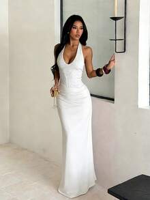 Vestido elegante de fiesta con cuello halter, espalda descubierta y volantes de unicolor - Blanco - Ver 4