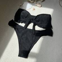 Nuevo bikini de dos piezas sin tirantes con estampado floral de color sólido y tela especial. - Blanco - Ver 7