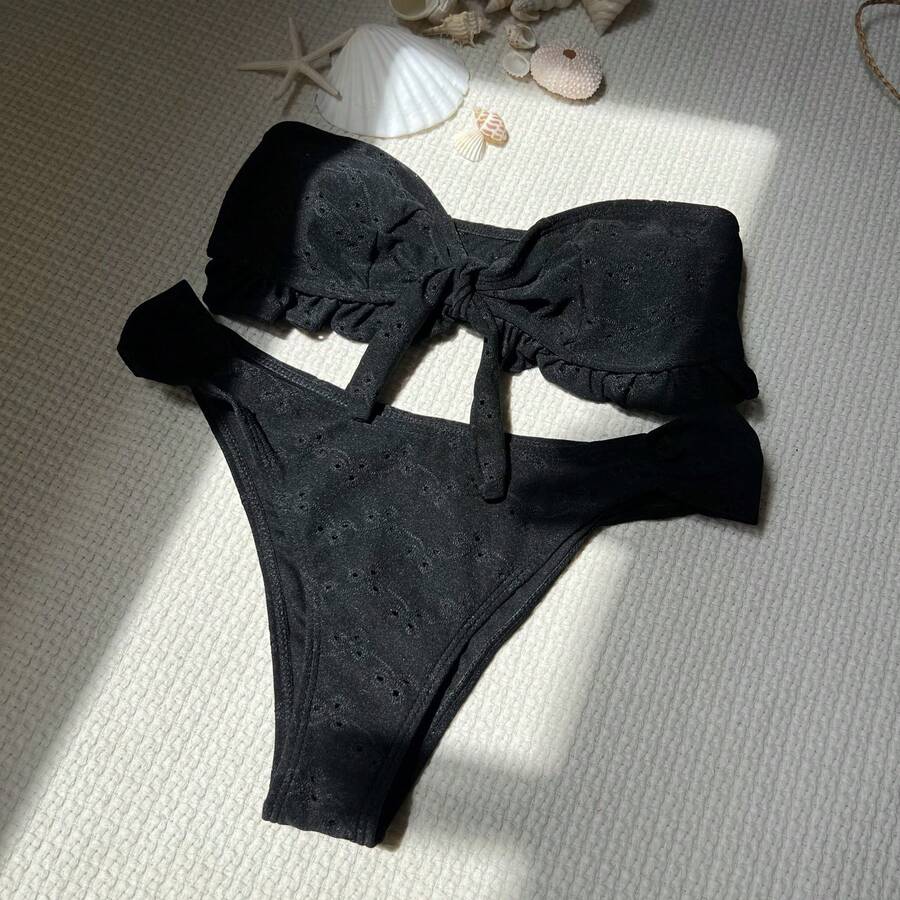 New Strapless Two-Piece Bikini With Solid Color Floral Print And Special Fabric. - 黑色 - 查看 1