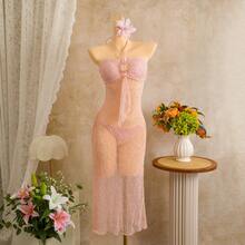 Nuevo Conjunto de Dos Piezas para Vacaciones en la Playa 2026: Vestido Largo y Bikini Sexy con Lentejuelas y Tirantes - 9404 Rosa - Ver 9