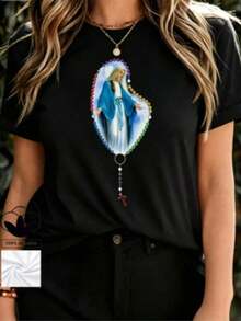 Camiseta Holgada Sencilla Mujer Estilo Moderno Camiseta de Mujer de Talla Grande con Estampado Casual de Lujo, Estilo Religioso Virgen, 100% Algodón, Cuello Redondo, Cómoda y Casual - La Opción Perfecta para Uso Diario, Regalos de San Valentín y Pascua. Camiseta Mujer Estampado Gráfico  Verano 2026 - Negro - Ver 1