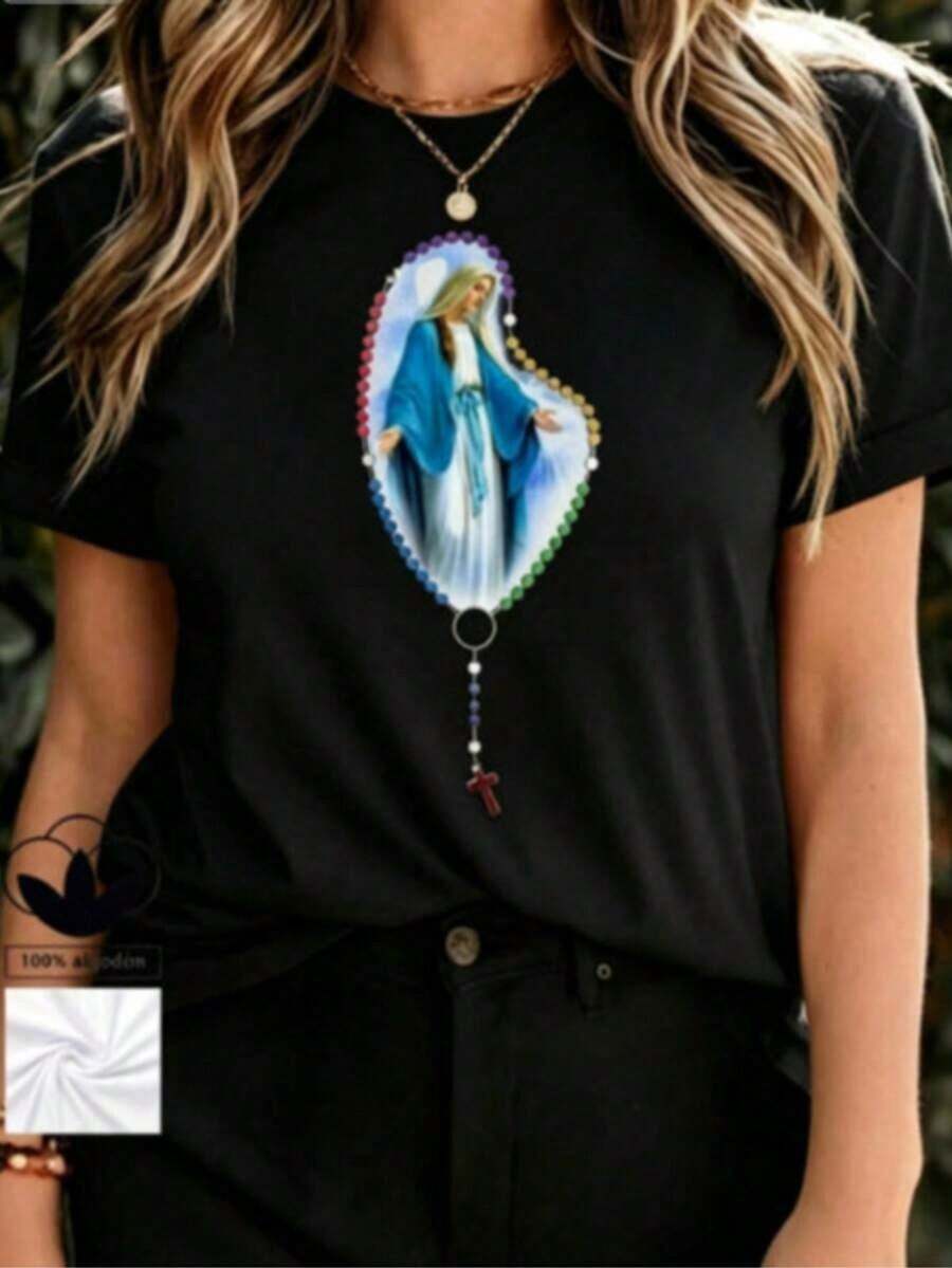 Camiseta Holgada Sencilla Mujer Estilo Moderno Camiseta de Mujer de Talla Grande con Estampado Casual de Lujo, Estilo Religioso Virgen, 100% Algodón, Cuello Redondo, Cómoda y Casual - La Opción Perfecta para Uso Diario, Regalos de San Valentín y Pascua. Camiseta Mujer Estampado Gráfico Verano 2026 - Negro - Ver 1