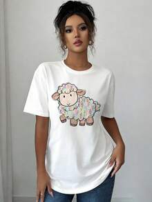 Camiseta con estampado gráfico de Pascua "El Señor es mi pastor"| Top casual de manga corta y cuello redondo para verano y primavera, ropa de mujer - [Blanco] - Ver 6
