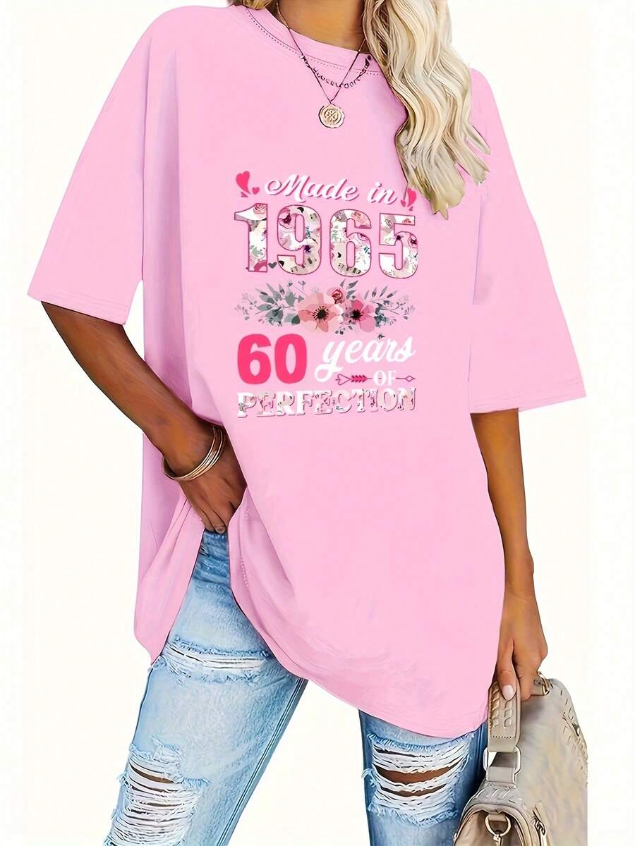 Talla Grande, Camiseta con Estampado de Letras, Manga Corta, Cuello Redondo, Top Casual, Ropa de Mujer - rosa oscuro - Ver 1
