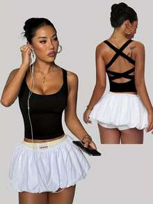 Solid Color Backless Cropped Sports Tank Top Casual Black - Black - View 2