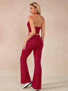 NcmRyu Women's One Set Solid Color Lace Trim V-Neck Halter Backless Vest & Ruched Flare Pants Sports Suit - Red - View 3