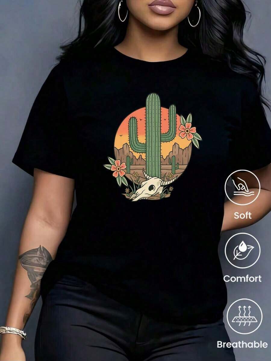 Camiseta de cuello redondo y mangas cortas de ropa fashion, fabricada en México, para la temporada primavera-verano 2025. Con estampado de dibujos animados, es un modelo de pareja, apta para usar tanto por dentro como por fuera, ideal para oficina y estilo casual, diseñada para hombres y mujeres, en unidad individual. - Negro - Ver 1