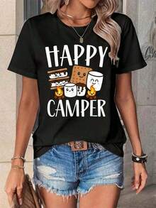 Camiseta Kawaii Smore Happy Camper Camping Crew Trip Campfire para Mujer, Ropa Fresca de Verano - Negro - Ver 1