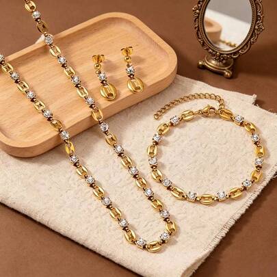 18K Gold Plated Pig Nose Jewelry Set - Zirconia Inlaid Stainless Steel Necklace, Earrings, Bracelet Set, Waterproof Vintage Coffee Bean Chain, Suitable For Women's Daily, Party, Vacation Wear