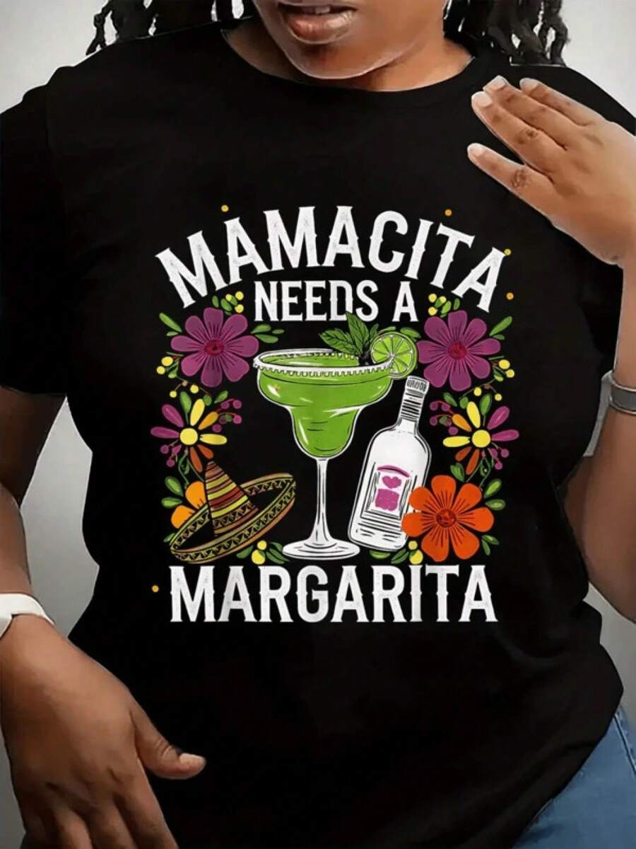 Vestido de talla grande para mujer, camiseta de talla grande para mujer con estampado "Mamacita Needs A Margarita", diseñada para el festival del Cinco de Mayo, con elementos florales y de sombrero, camiseta negra de manga corta y cuello redondo, adecuada para usar en primavera y verano;suave y holgada, extremadamente cómoda para el uso diario. - Negro - Ver 1