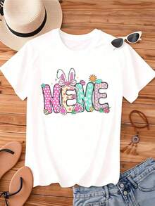 Camiseta Vintage con Diseño de Conejo de Pascua, Lunares y Flores, Diseño Lindo de Primavera para Mujer, Ropa Casual, Top de Moda, Camiseta Gráfica - Blanco - Ver 2