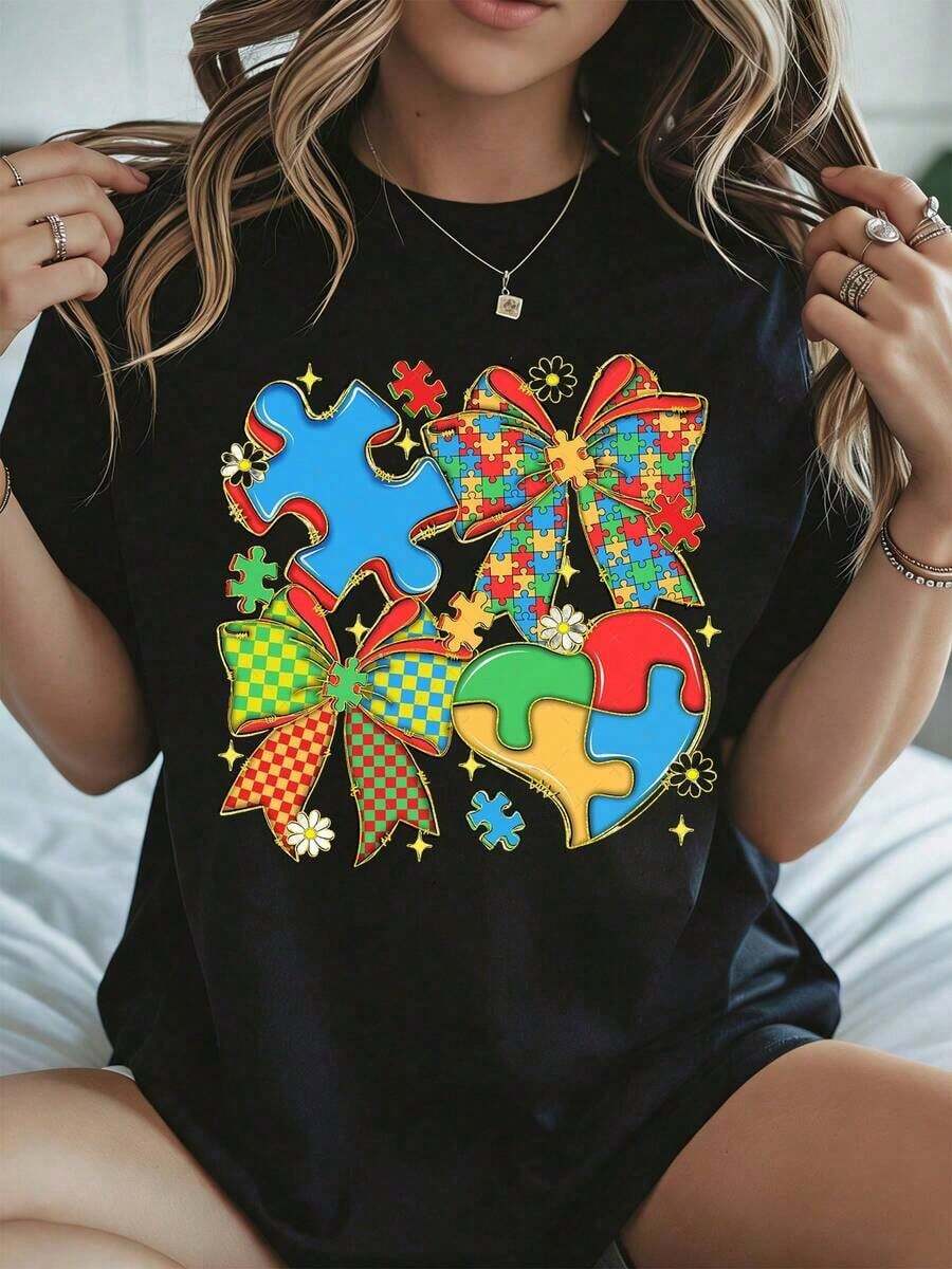 Elegant And Casual Women's Short-Sleeved T-Shirt With Puzzle Piece Print And Bow, White Casual Wear For Spring And Summer. - 黑色 - 查看 1