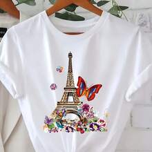 Women's Casual Short-Sleeve T-Shirt With Eiffel Tower And Butterfly Design, Round Neck, Regular Length, All-Season Top, Everyday Fashion | Paris Theme | Butterfly Graphic - 白 - 查看 2