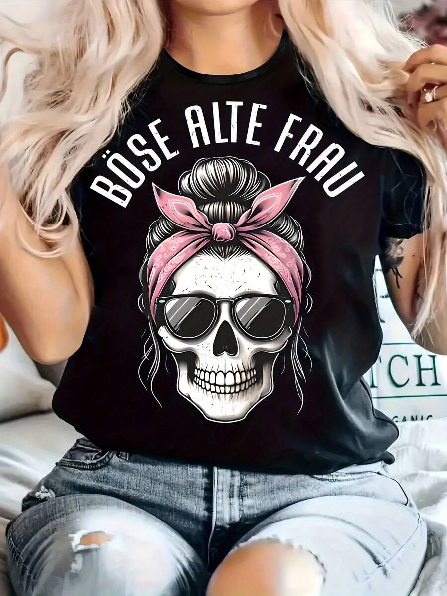 Camiseta casual para mujer, cuello redondo, manga corta, tela ligeramente elástica, adecuada para todas las estaciones, cómoda de llevar. - Negro - Ver 1