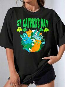 Camisetas de Mujer, Manga Corta Casual para Fiesta, Camiseta para el Día de San Patricio con Estampado de Gatos Blancos y Trébol para Celebración de Festivales 180g - Negro - Ver 7