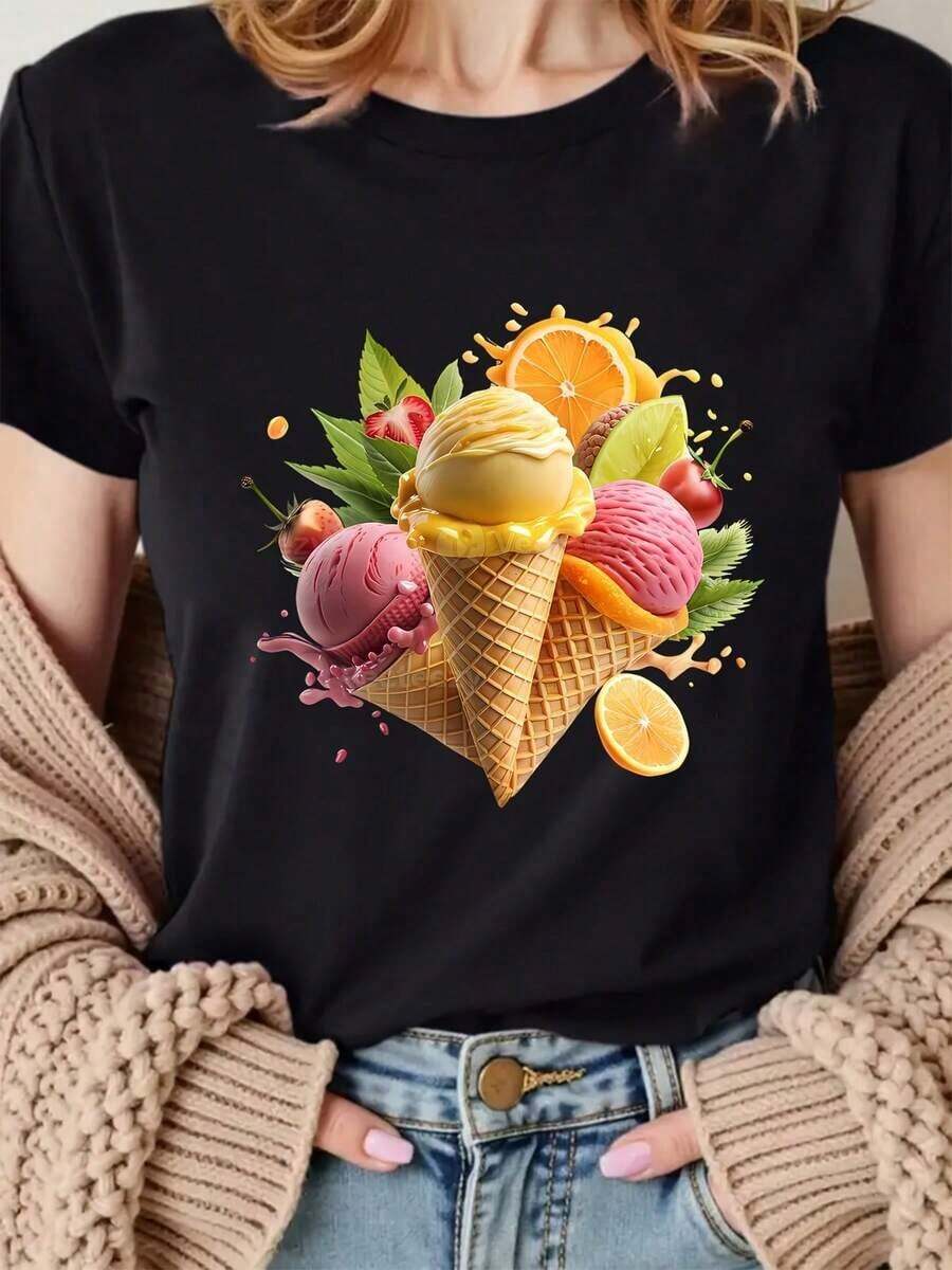 Camiseta Casual con Estampado Creativo de Helado y Fruta, Diseño para Vacaciones, Regalo, Camiseta Deportiva Casual de Cuello Redondo para Mujer, Cómoda para las Cuatro Estaciones, Ropa Elegante para Mujer, Ropa Económica y Bonita para Mujer, Ropa para Mujer con Curvas, Disfraz de Mascarada, 100% Algodón, Duradera - Negro - Ver 1