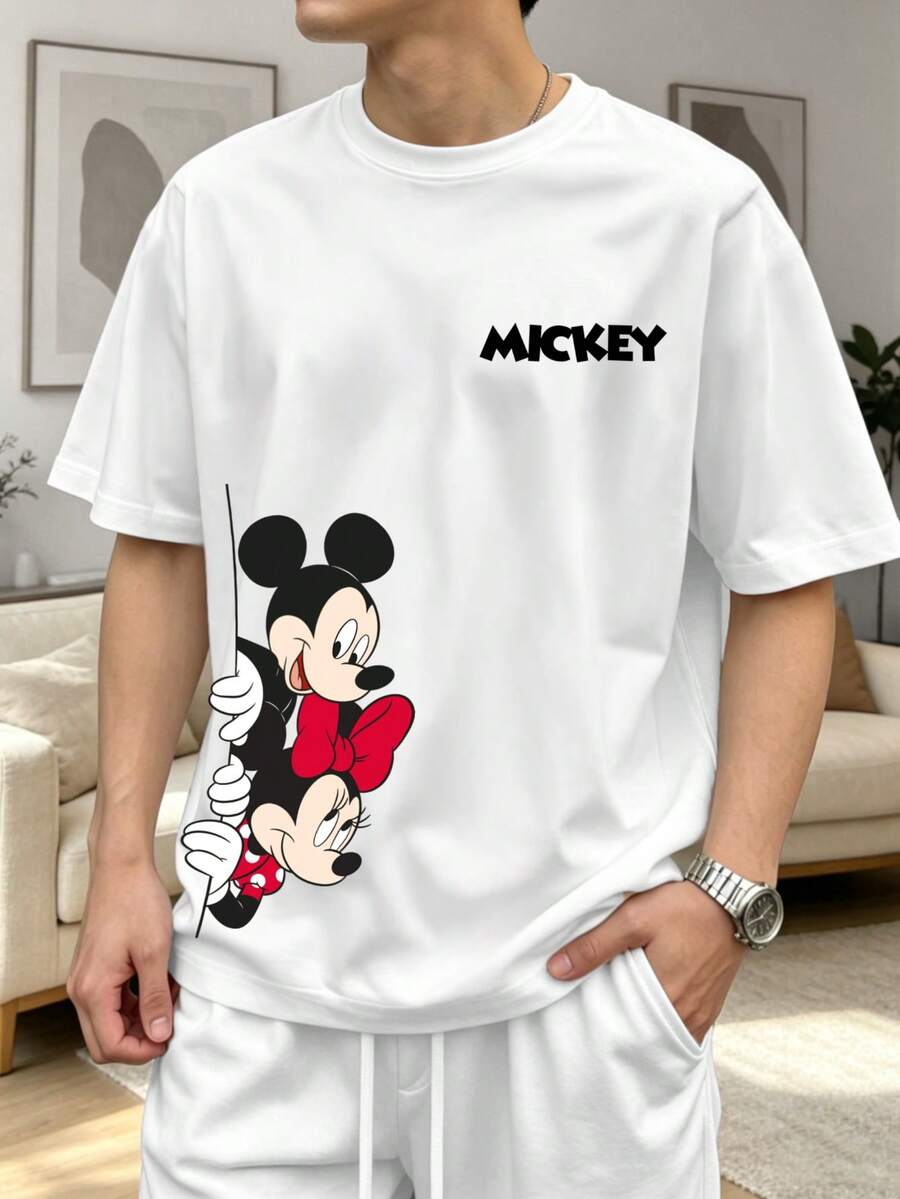 Disney Áo thun nam casual in hình Mickey Mouse, dáng regular fit cổ tròn mặc nhà, mùa hè - trắng - Xem 1