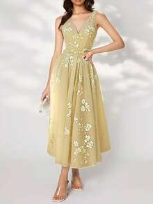 Vestido largo estampado primavera holgado casual estilo europeo elegante moderno moda chic para mujer - Amarillo - Ver 5