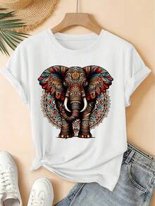 Spring/Summer 2026, New Women's Short Sleeve T-Shirt With Round Neck, Mandala And Elephant Print, Distressed Vintage Style, 100% Cotton, High-Quality Women's Clothing. | Fun And Original Design | Suitable For Everyday Wear In Spring, Summer, And Autumn. | Fun And Youthful Top - 白色 - 查看 1