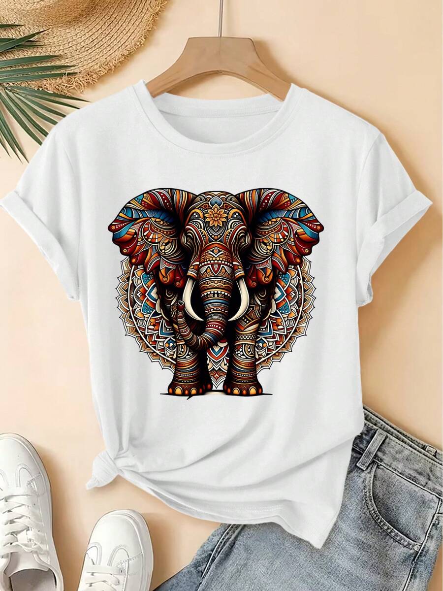 Spring/Summer 2026, New Women's Short Sleeve T-Shirt With Round Neck, Mandala And Elephant Print, Distressed Vintage Style, 100% Cotton, High-Quality Women's Clothing. | Fun And Original Design | Suitable For Everyday Wear In Spring, Summer, And Autumn. | Fun And Youthful Top - 白色 - 查看 1