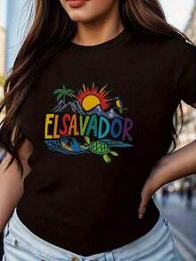 Loose1 pieza - Camiseta unisex con diseño tropical de El Salvador - Diseño vibrante de montañas y mar con tucán y tablas de surf, cuello redondo transpirable de manga corta, ropa casual para todas las estaciones para hombres y mujeres, regalo para el Día del Padre y el Día de la Madre (Blanco/Negro/Azul Real) 210g 100% algodón, los diseños están impresos. Camiseta unisex de algodón con cuello redondo básico para mujer - Negro - Ver 12