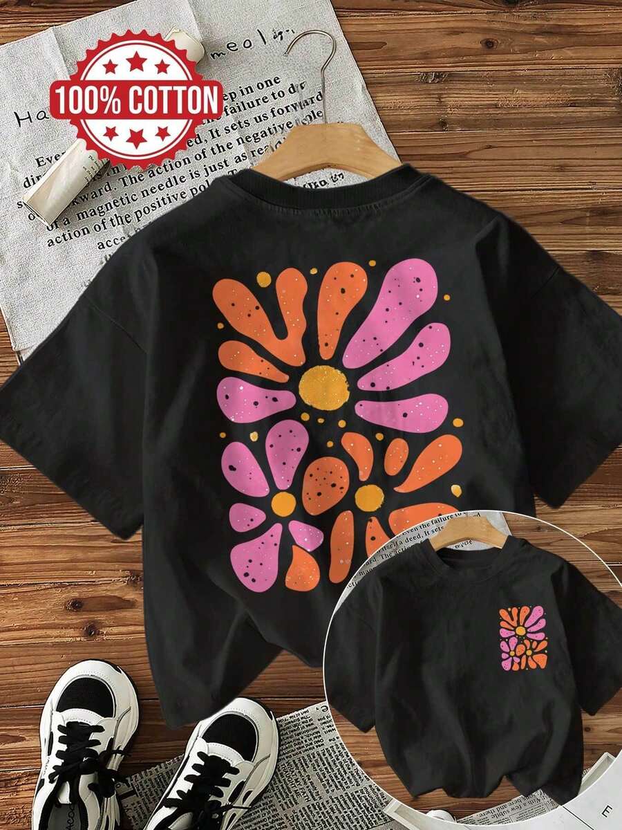 Limited Edition Graphic Print T-Shirt, Short Sleeves, Round Neck, Casual Top For Summer And Spring, Women's Clothing, Lightweight Cotton. - 黑色 - 查看 1