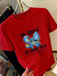 Camiseta Casual de Verano para Mujer, Manga Corta, Azul, con Patrón de Lazo y Rompecabezas, Promueve la Concientización sobre el Autismo.Camiseta Deportiva de Moda para Mujer con Estampado Único, Cuello Redondo y Manga Corta, Top Cómodo, Ropa de Verano para Mujer, Ropa de Vacaciones para Mujer, Ropa de Primavera para Mujer, Tops de Verano, Ropa para Festivales, Ropa de Pascua para Mujer. - Rojo - Ver 11