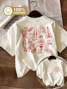 Camiseta de edición limitada con estampado gráfico, manga corta, cuello redondo, top casual para verano y primavera, ropa de mujer, algodón ligero. - Albaricoque - Ver 12