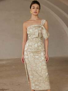 Nuevo vestido de cóctel largo, elegante y de lujo con estilo vintage para dama. Vestido ajustado y entallado sin mangas, con decoración de lazo en el hombro asimétrico oblicuo, de tela jacquard. - Blanco - Ver 11