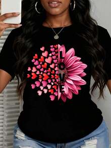 Camiseta de manga corta para mujer con diseño de corazón y flores, camiseta gráfica para mujer, top casual de manga corta, camisa blanca de moda de verano con diseño de margaritas rosas y corazones. - Negro - Ver 6