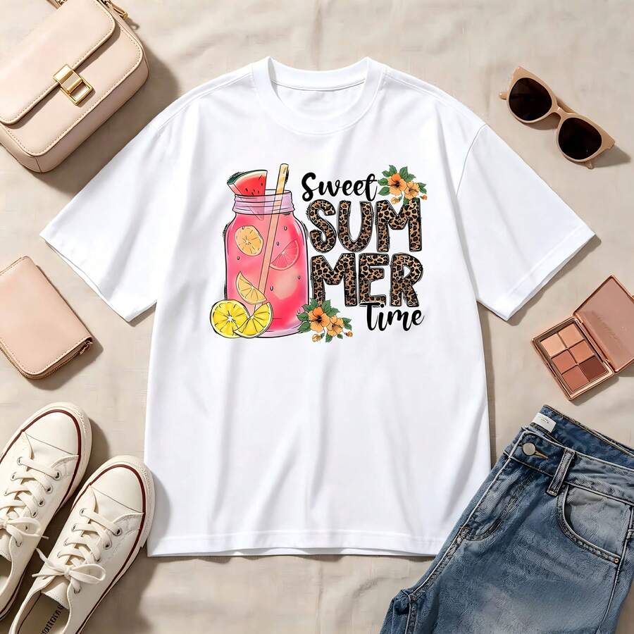 Summer Vibes, Sweet Summer Time, 100% Cotton, Oversized, Soft Breathable, Casual Crewneck, Short Sleeve Top, Aesthetic, Kawaii, Women's Fashion - Blanco - Ver 1