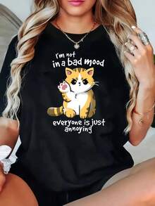 Camiseta Casual de Talla Grande para Mujer con Estampado de Gato - Camiseta Gráfica Humorística con la Frase "No Estoy de Mal Humor", Ligeramente Elástica, de Manga Corta y Cuello Redondo, Camiseta de Verano Lavable a Máquina, Camiseta Negra para Mujer, Camiseta de Gato, Ropa Cómoda para el Día a Día, Diseño Divertido - Negro - Ver 1