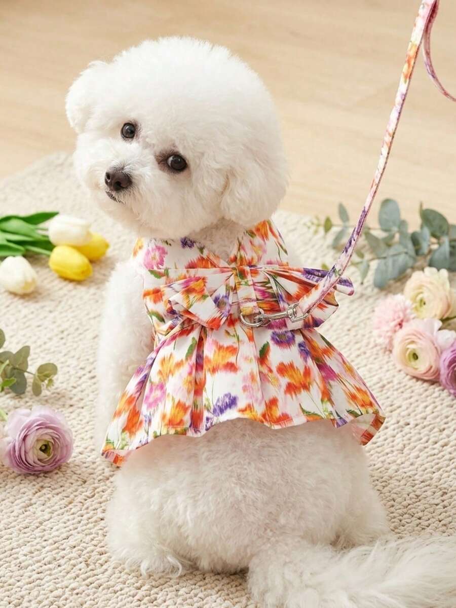 PETSIN 浪漫花卉印花蝴蝶結寵物項圈和牽繩套裝,適用於戶外活動,1套 - 彩色 - 查看 1
