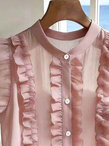 Blusa de chifón negro con lunares, elegante y romántica con dobladillo con volantes - Rosa 2 - Ver 5