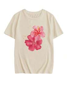 New Casual Summer T-Shirt With Hibiscus Flower Print, Round Neck And Short Sleeves, A Versatile And Fashionable Garment For Women, Women's Oversized Graphic T-Shirt Summer Casual - 淺杏色 - 查看 5