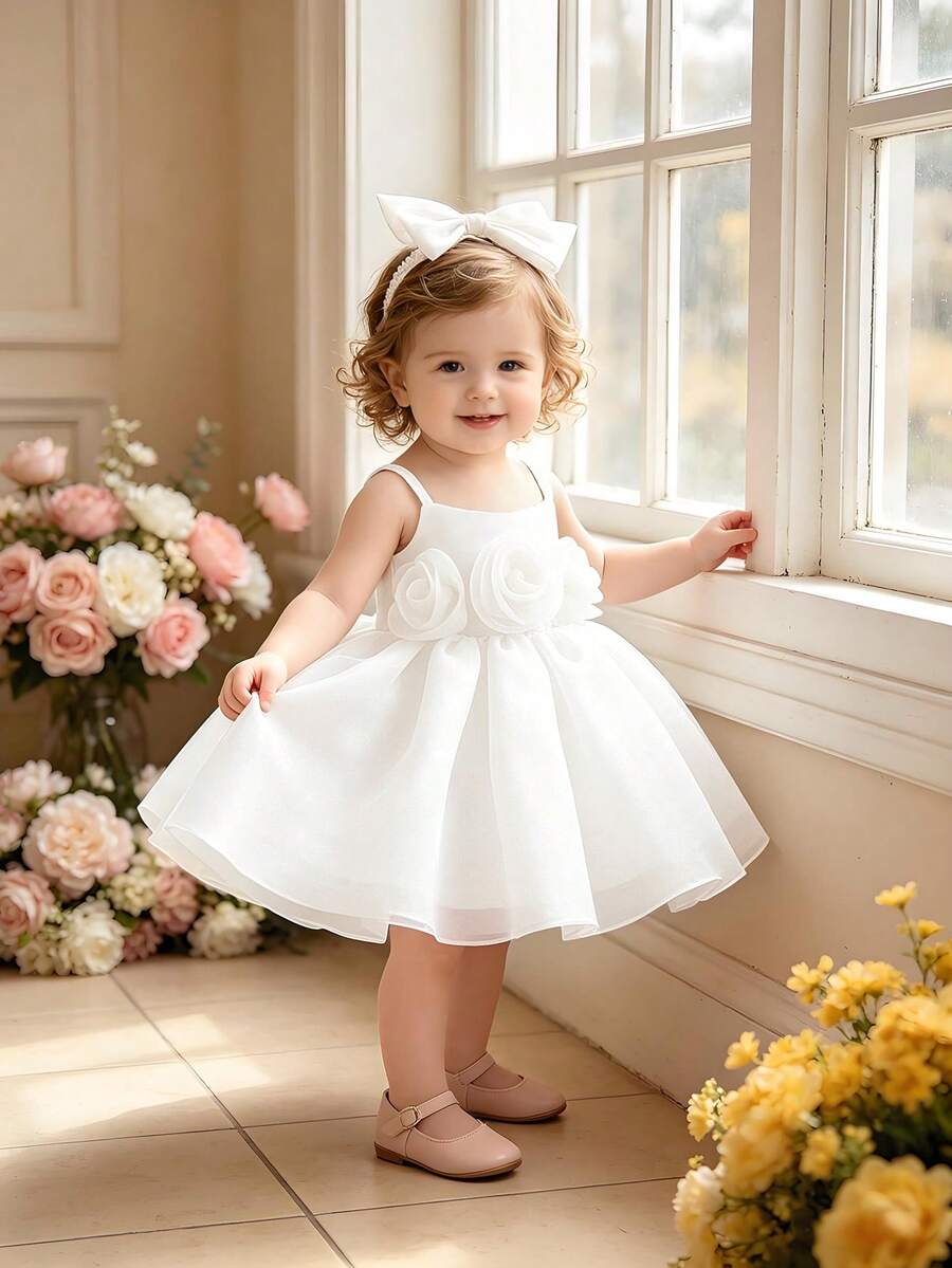 Baby Girl Elegant Dress With Solid Color 3D Floral Satin & Mesh Fabric, Outfit Suitable For Outing, Outdoor, Birthday Party, Comes With Headband - White - View 1